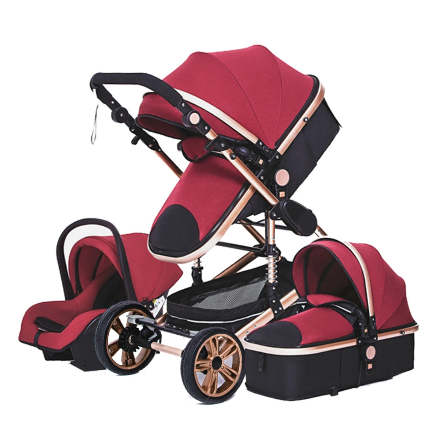 baby stroller 3 in 1 with car seat Environmentally friendly materials Four-wheel shock Absorption Aluminum Frame High Landscape