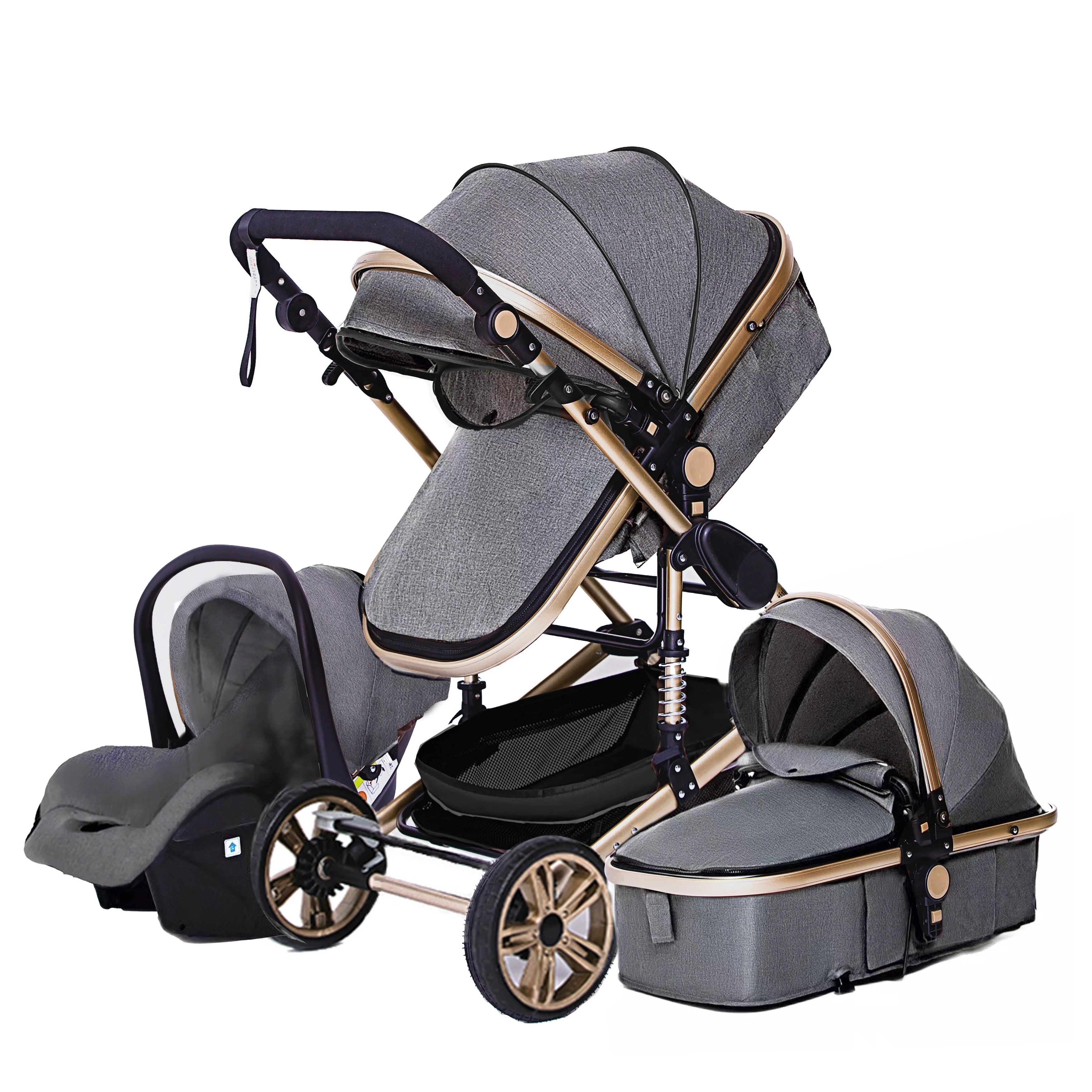 baby stroller 3 in 1 with car seat Environmentally friendly materials Four-wheel shock Absorption Aluminum Frame High Landscape