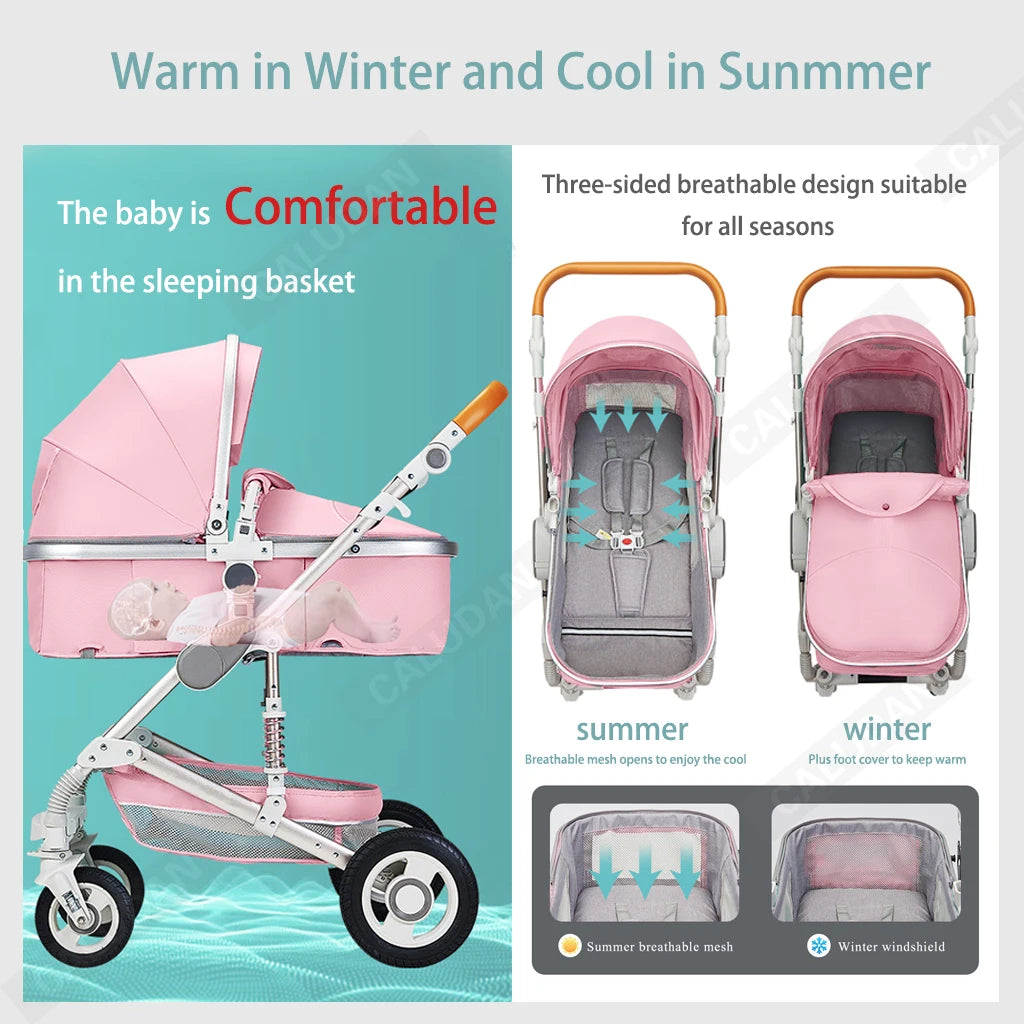 baby stroller 3 in 1 with car seat Environmentally friendly materials Four-wheel shock Absorption Aluminum Frame High Landscape