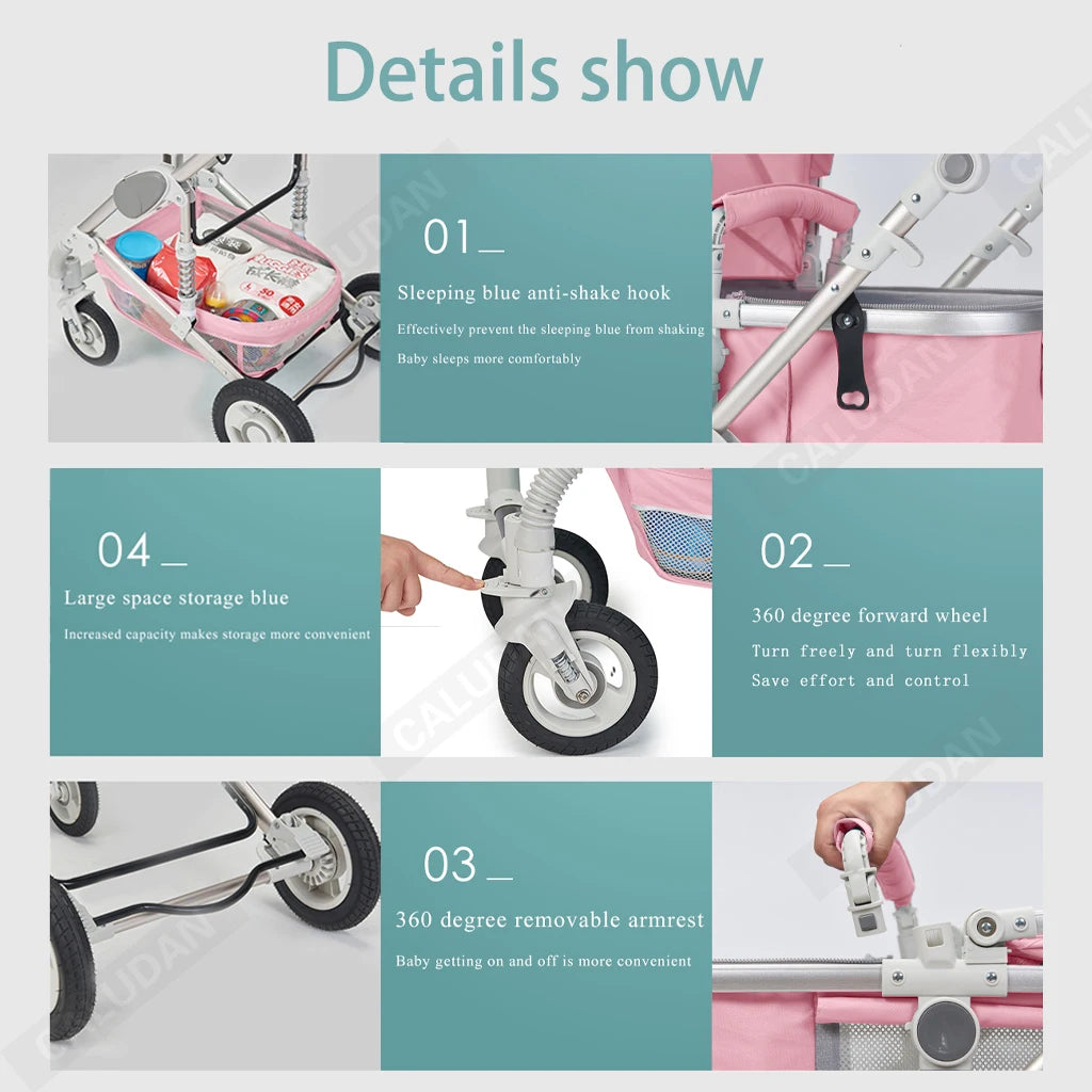 baby stroller 3 in 1 with car seat Environmentally friendly materials Four-wheel shock Absorption Aluminum Frame High Landscape