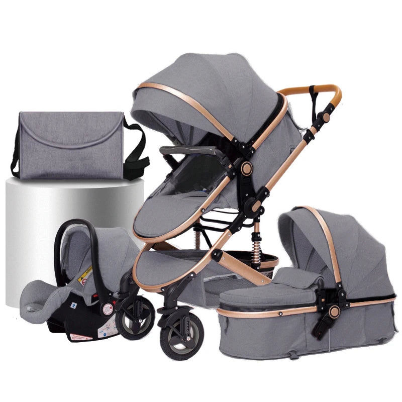 baby stroller 3 in 1 with car seat Environmentally friendly materials Four-wheel shock Absorption Aluminum Frame High Landscape