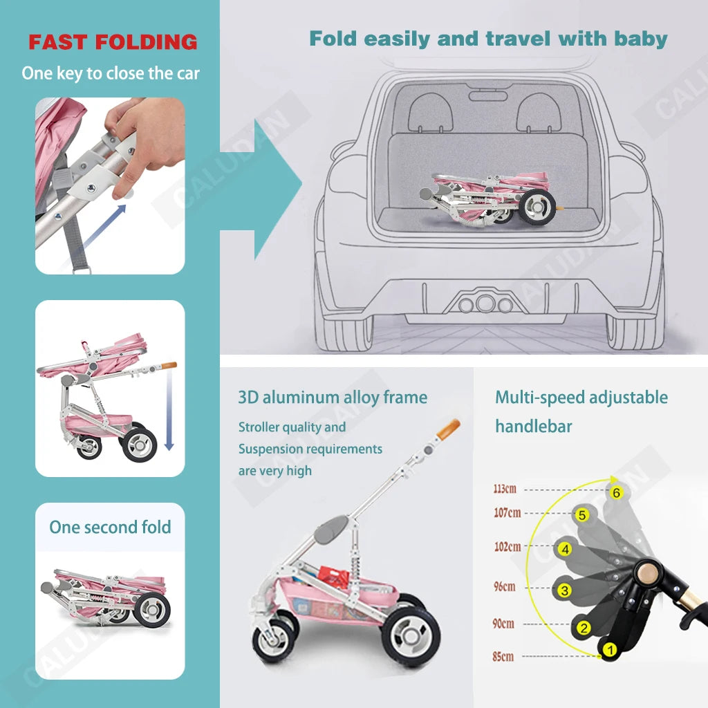 baby stroller 3 in 1 with car seat Environmentally friendly materials Four-wheel shock Absorption Aluminum Frame High Landscape