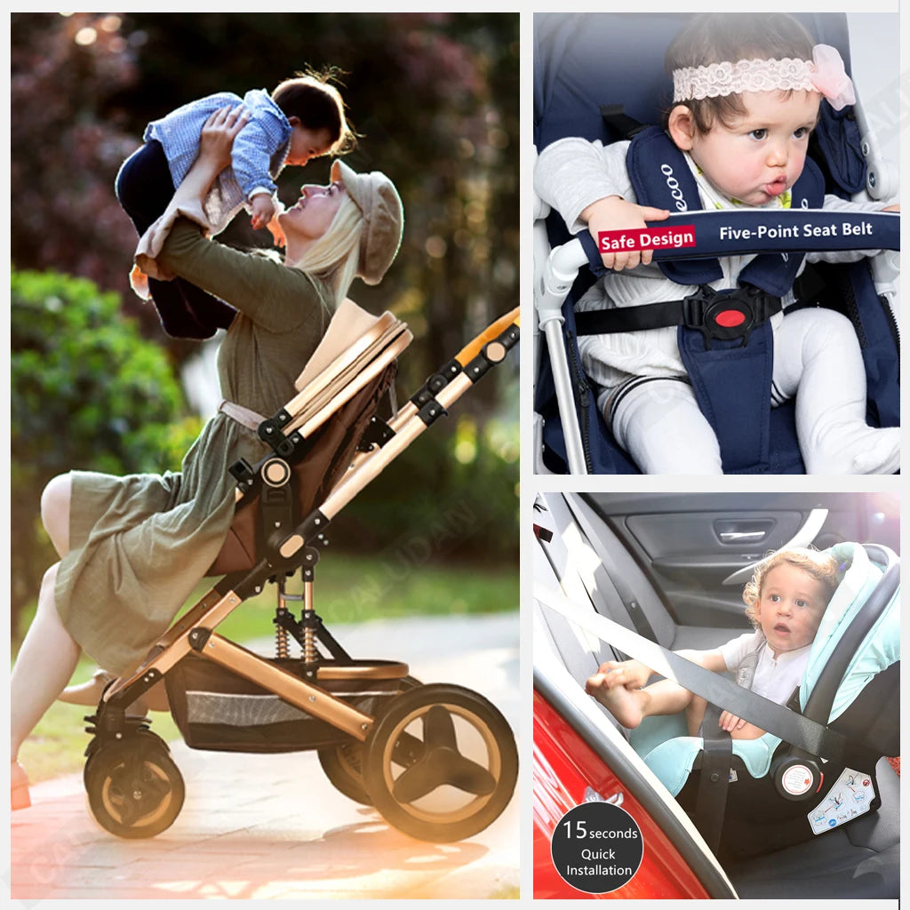 baby stroller 3 in 1 with car seat Environmentally friendly materials Four-wheel shock Absorption Aluminum Frame High Landscape