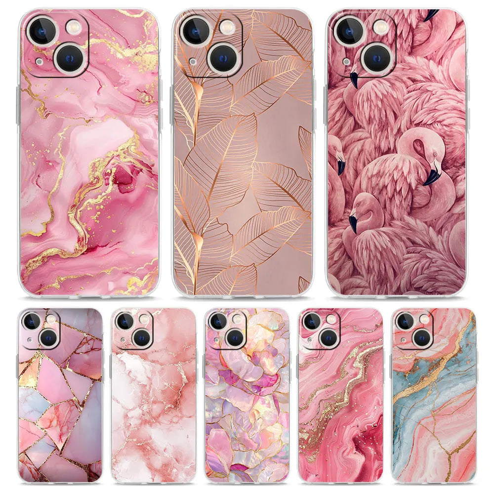 Phone Case For iPhone 17 Cases iPhone Air 16 15 12 13 14 Pro Max 15 Plus 16Pro iPhone11 Clear Cover Fashion Gold Pink Marble
