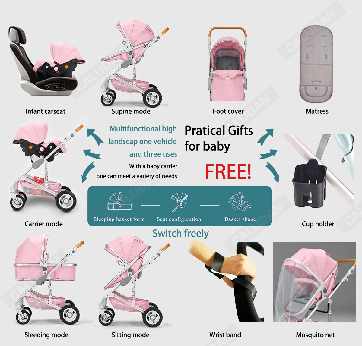 baby stroller 3 in 1 with car seat Environmentally friendly materials Four-wheel shock Absorption Aluminum Frame High Landscape